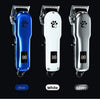 Three pet hair clippers in blue, white, and silver colors shown side by side.
