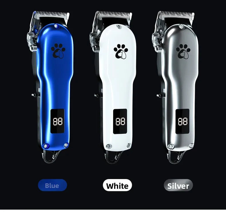 Three pet hair clippers in blue, white, and silver colors shown side by side.