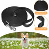 Black nylon dog training leash with a metal clip and a dog in a field of white flowers.