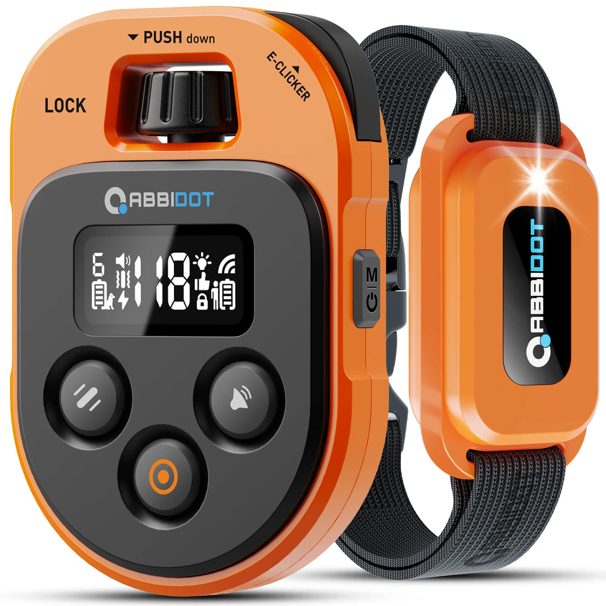 Orange remote dog training collar with a black e-clicker and strap shown in a close-up view