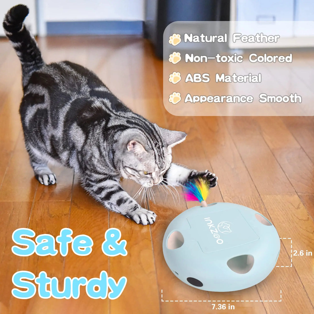 A tabby cat playing with a light blue interactive toy designed for cats.