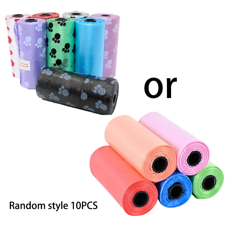 A collection of 10 rolls of pet waste bags in various colors including purple, green, blue, and pink.