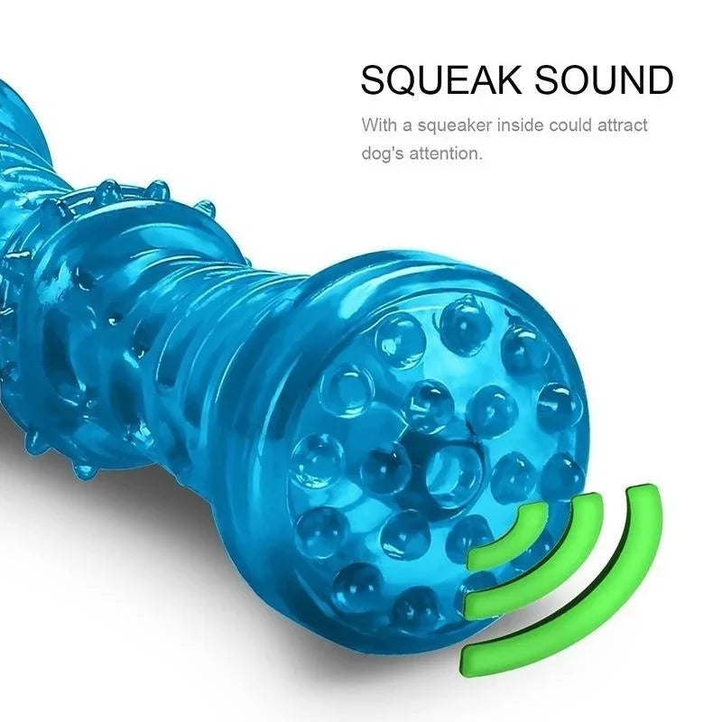 A bright blue squeaky rubber dog bone chew toy with a green cord attached.