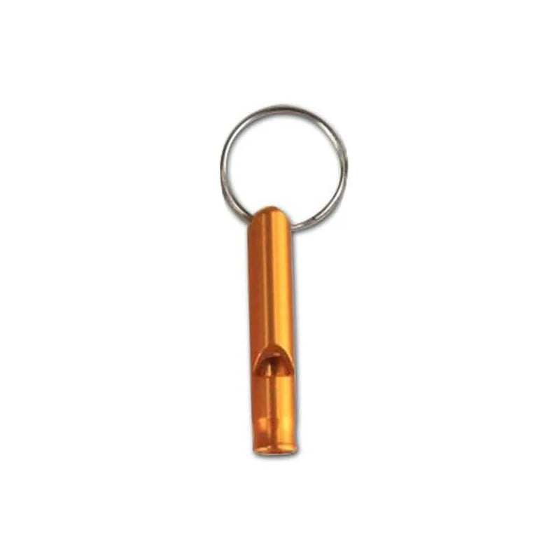 A brass parrot training whistle with a metal hoop and a cylindrical body.