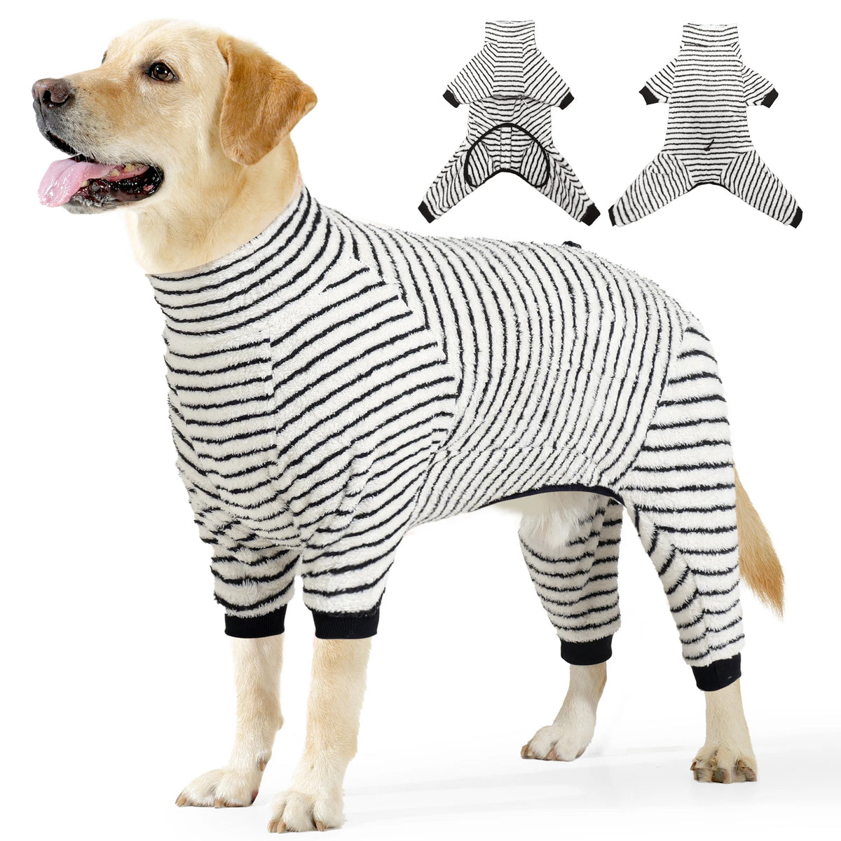 Ein Golden Retriever trägt einen gestreiften Fleece-Winterpullover für Hunde mit separaten Musterdiagrammen.