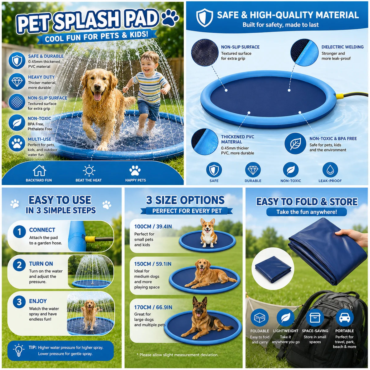 A blue inflatable dog splash pad with a sprinkler is shown for outdoor summer fun.