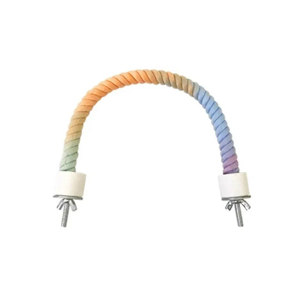 A curved, multicolored cotton rope perch designed for small birds.