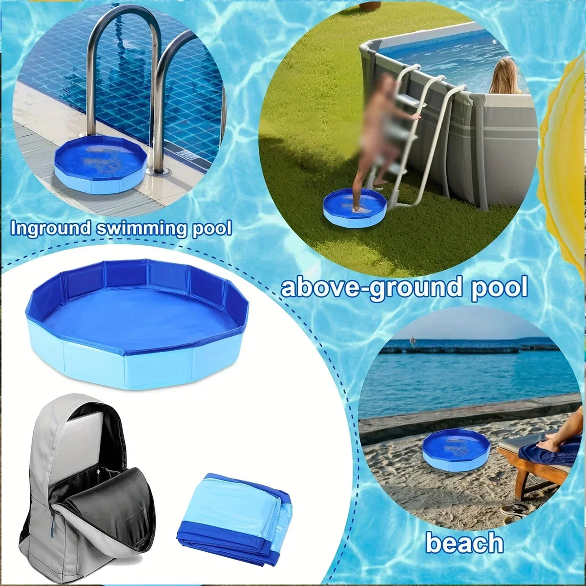 Image showing various types of swimming pools including an inground pool, above-ground pool, and beach pool.