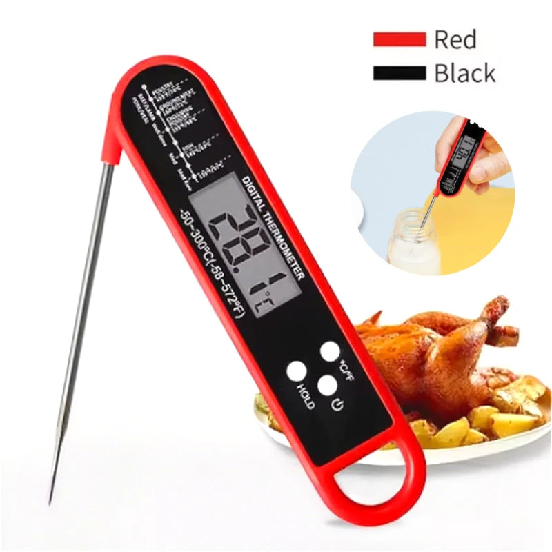 A red digital meat thermometer is shown next to a roasted chicken, demonstrating its use for measuring internal temperature.