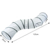 A white collapsible indoor play tunnel for cats, shown in a side view with dimensions.