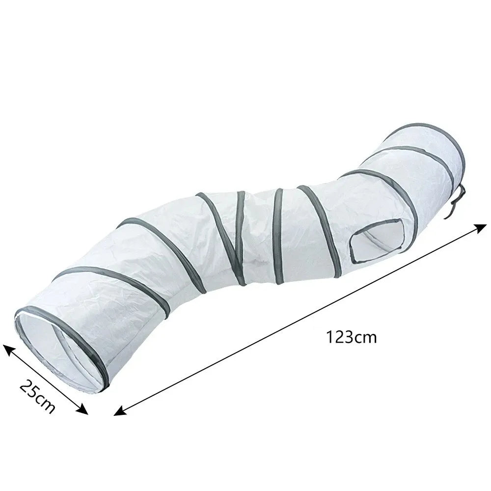 A white collapsible indoor play tunnel for cats, shown in a side view with dimensions.