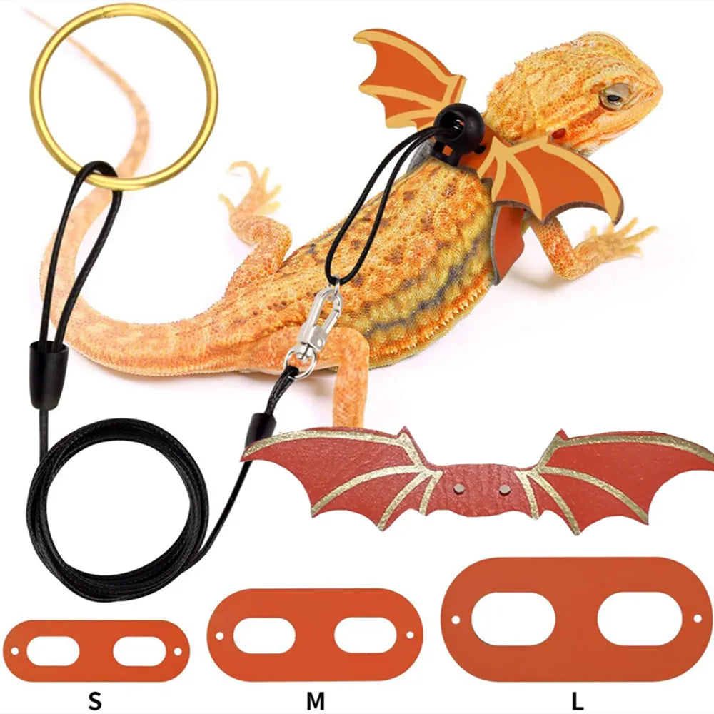 Adjustable bearded dragon harness with bat wings shown in various sizes S M L