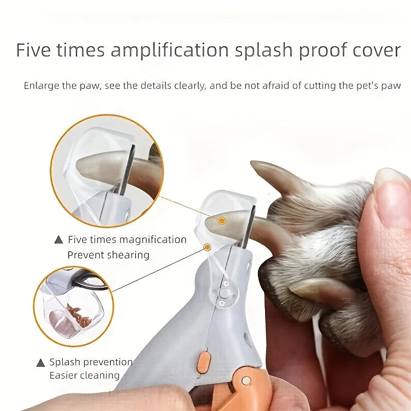 Primer plano de un cortador de uñas para mascotas mostrando cinco veces de aumento y características anti-salpicaduras usadas