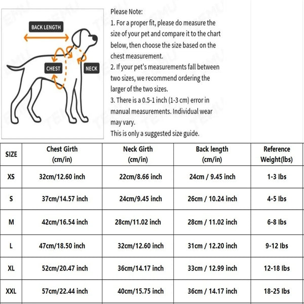 Size chart for a waffle knit dog shirt with tie, showing measurements for XS to XXL sizes.