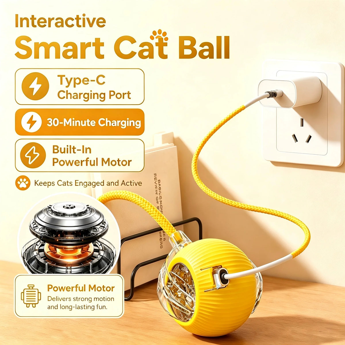 A yellow smart cat ball toy with a charging cord is shown next to a wall outlet and a power adapter.