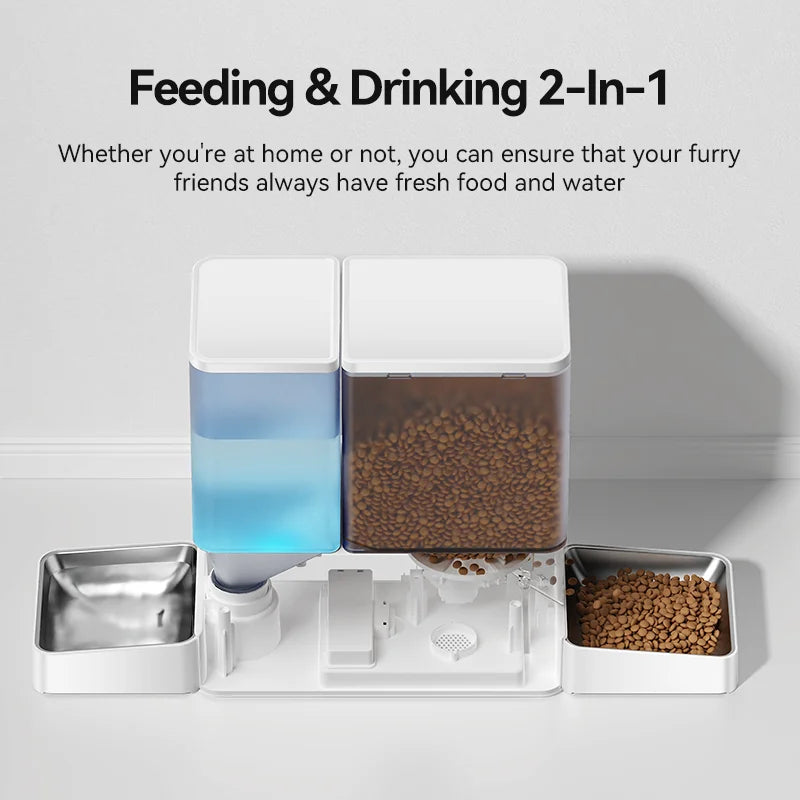 Comedero y bebedero automático 2 en 1 con compartimentos separados para comida seca y agua.