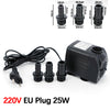 Black submersible aquarium water pump with various size connectors and a power cord