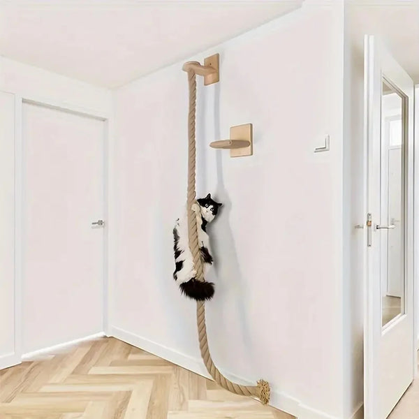 Wall-Mounted Cat Climbing Rope with Wooden Pedals and Sisal Rope