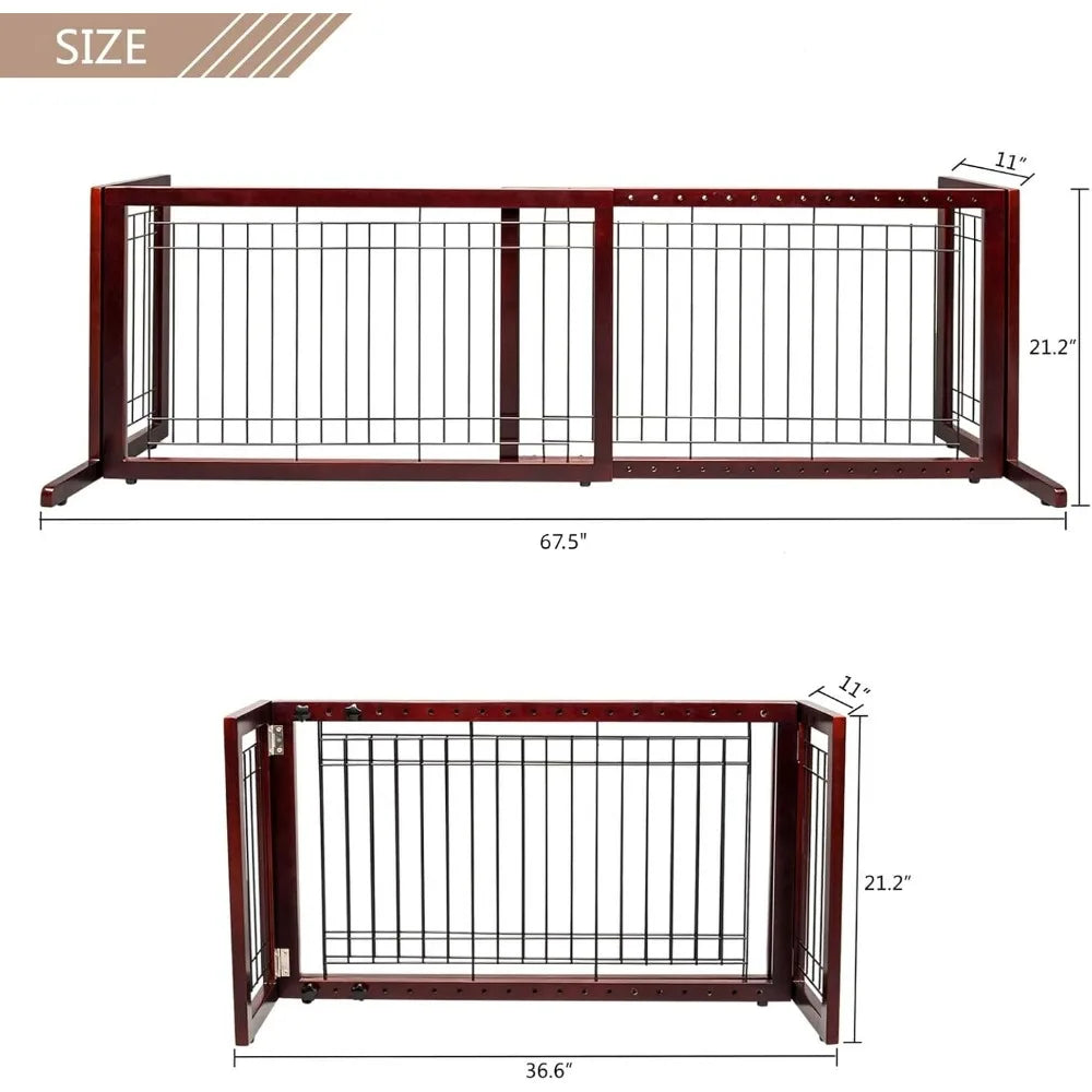 A wooden pet gate with vertical bars and a frame, shown in a side view.