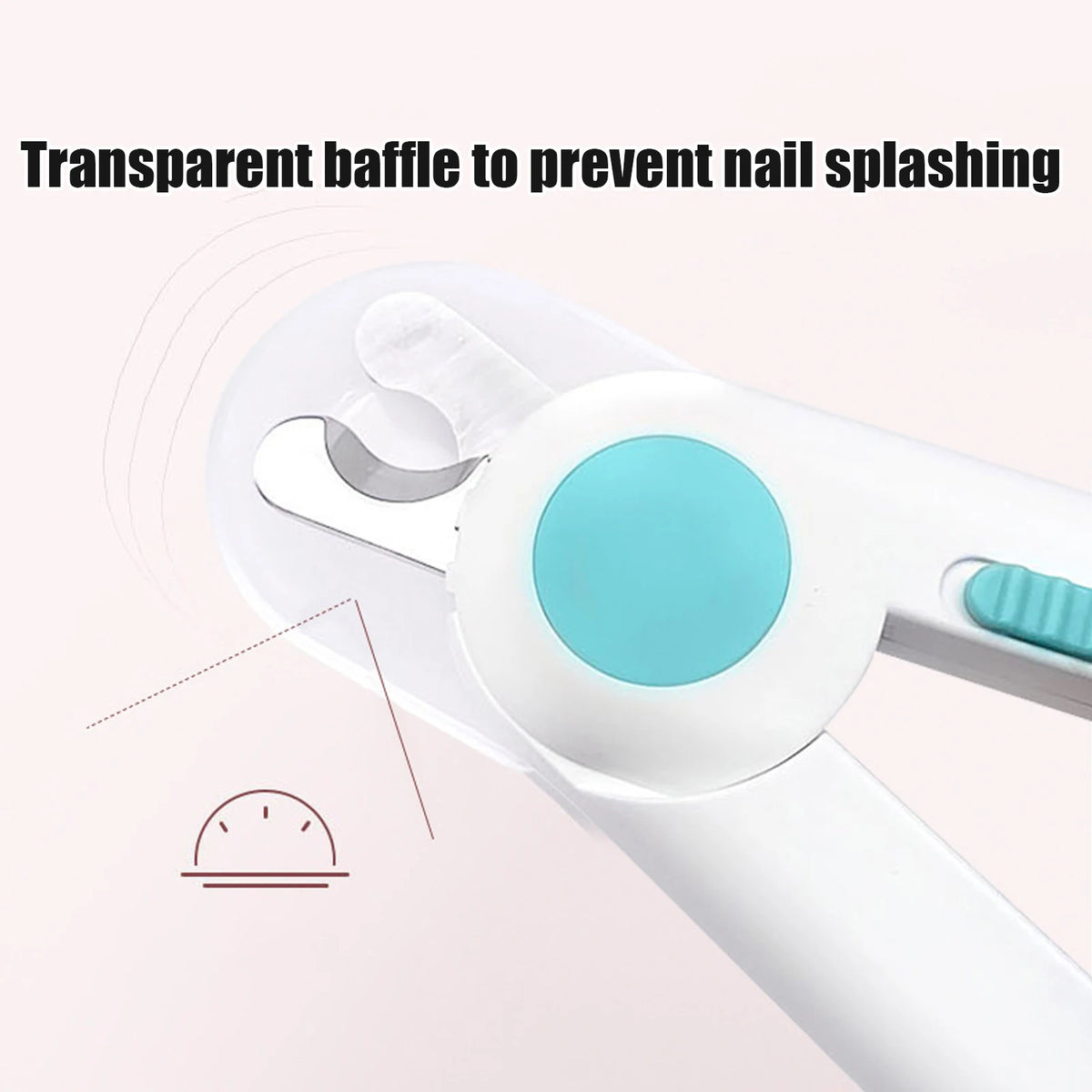 A transparent baffle is shown attached to an LED pet nail clipper for cats and dogs.