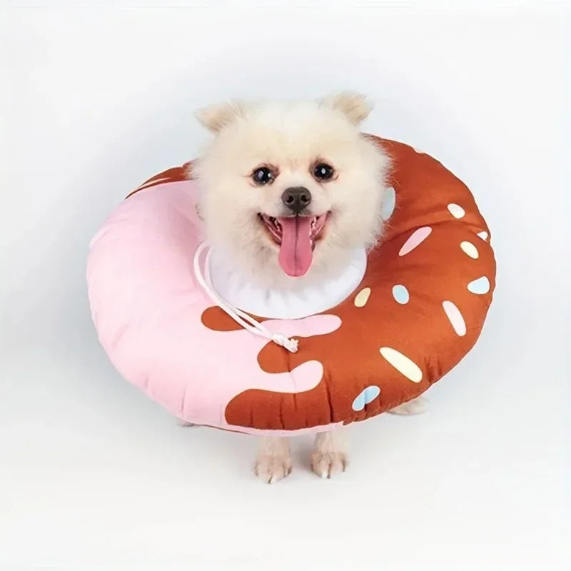 Un perro blanco y peludo está dentro de un collar elizabetano redondo, naranja y rosa, para protección de heridas.