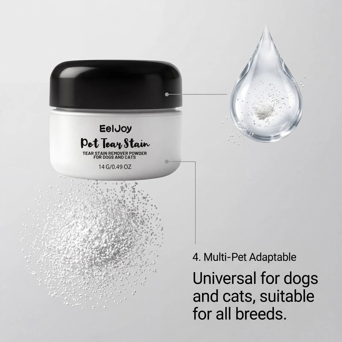 A jar of EelJoy Pet Tear Stain Remover Powder for dogs and cats next to a drop of the powder.