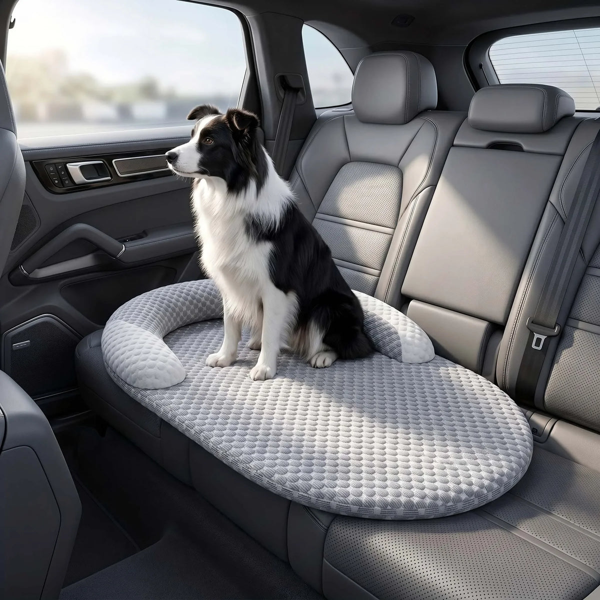 A black and white dog is sitting on a gray cooling ice silk pet mat inside a car.