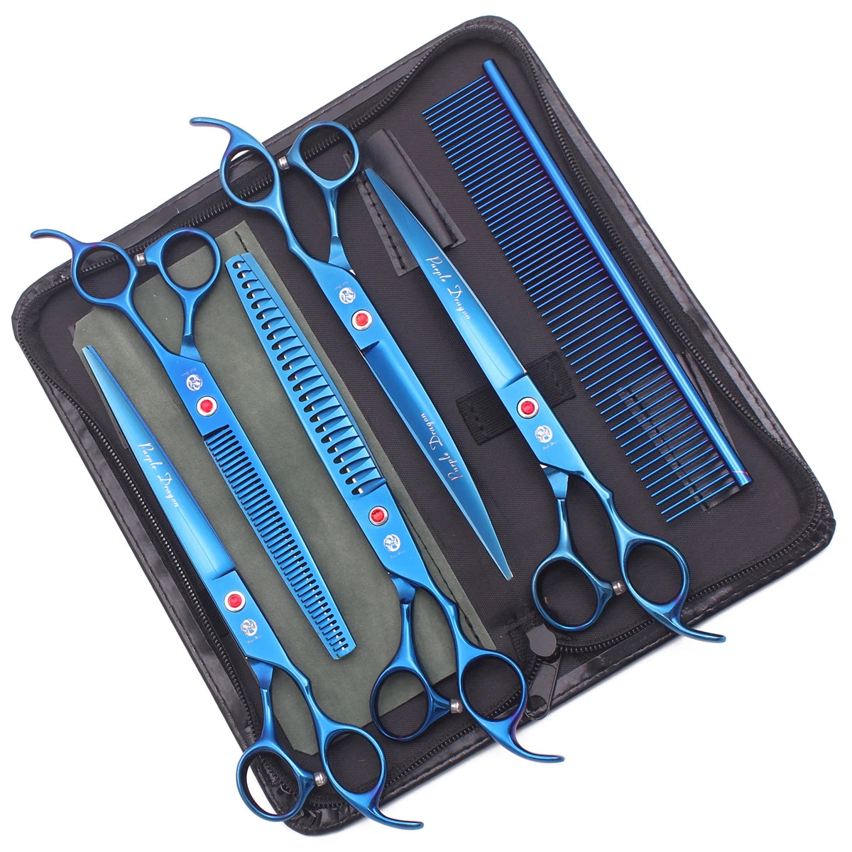 A set of professional stainless steel pet grooming scissors and combs stored in a black case.
