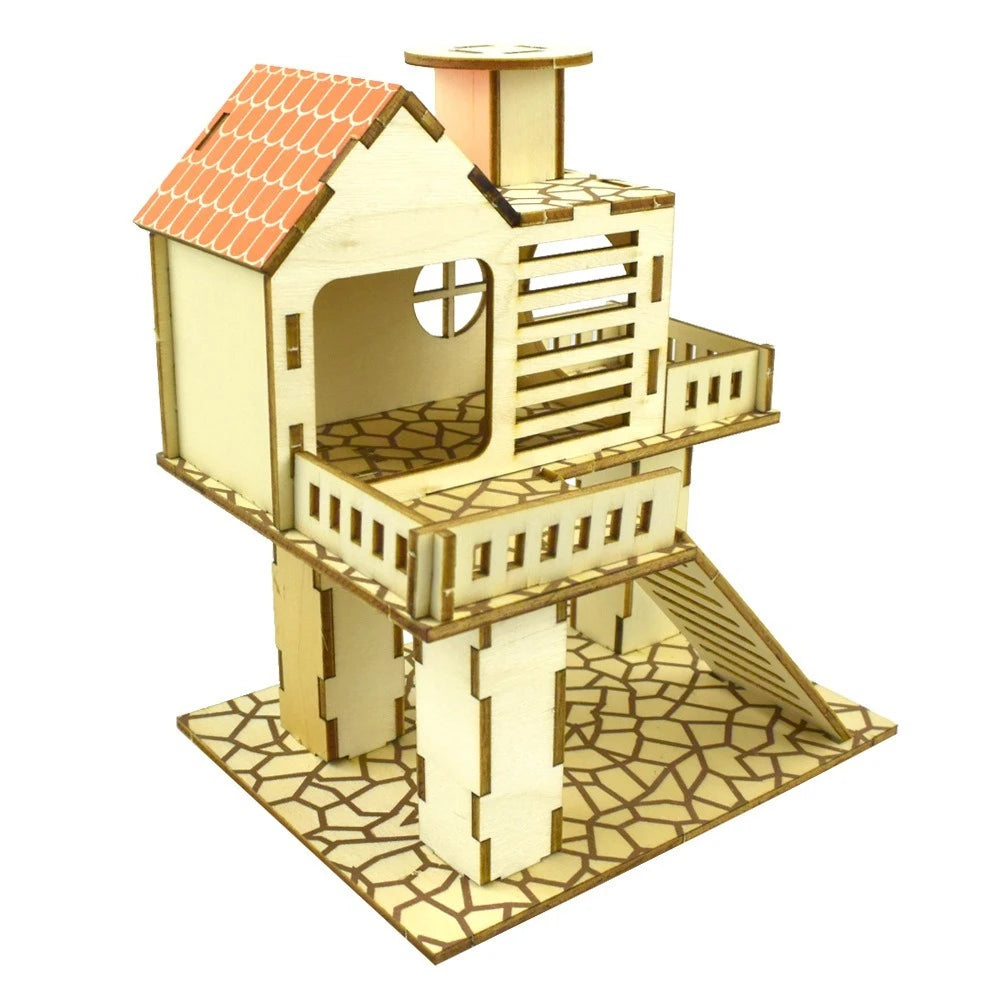 A wooden hamster playground set featuring a house with a roof, ladder, platform, and nesting area.