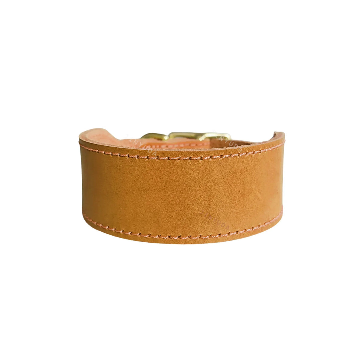 A tan genuine leather extra wide dog collar with a brass buckle.