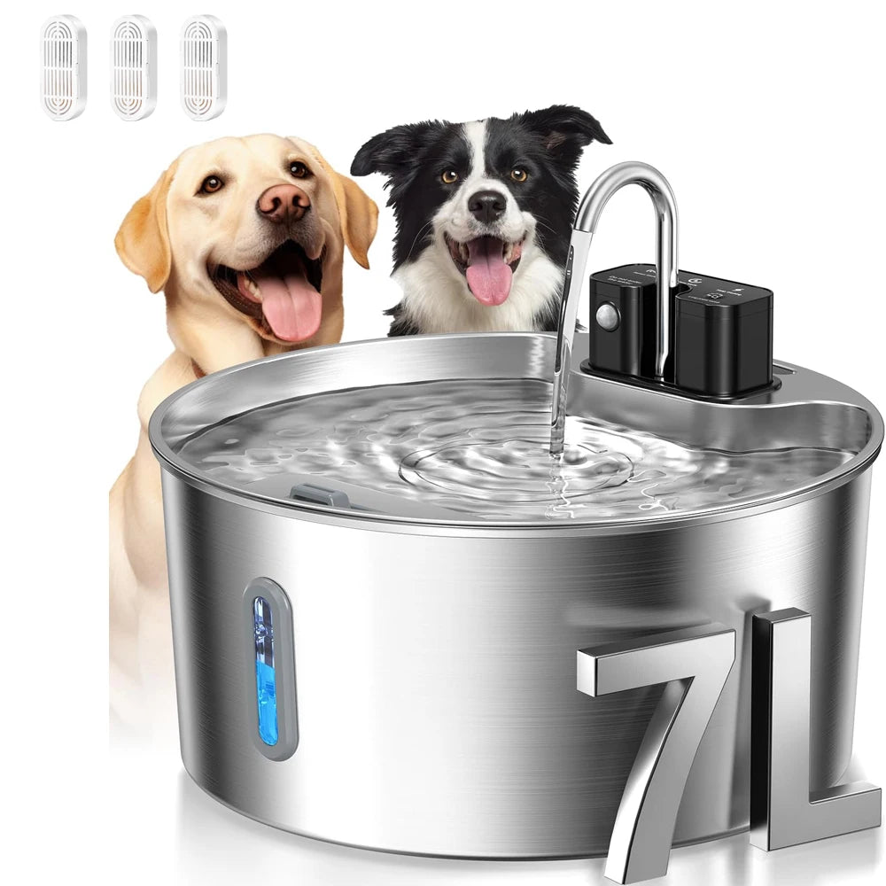 A stainless steel pet water fountain is shown with a dog and a cat looking at the flowing water.