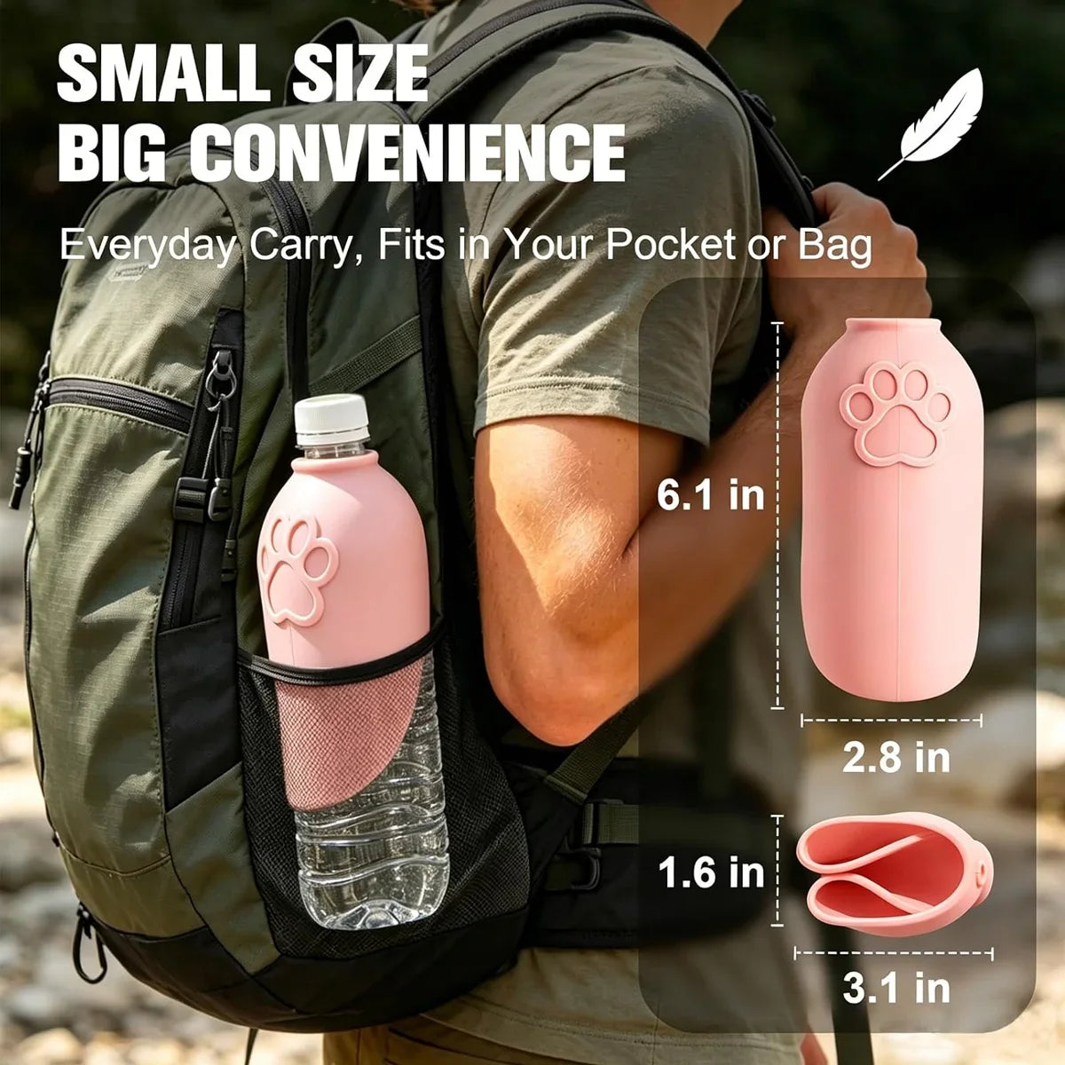 A person is carrying a pink silicone dog water bottle in a green backpack, showing its size relative to the person's arm.