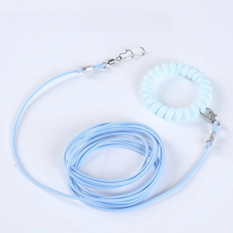 Light blue outdoor training harness for parrots with a matching collar and leash