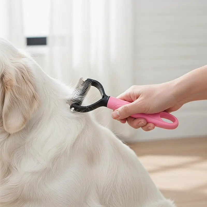 A hand is using a pink grooming brush to deshed a white dog.