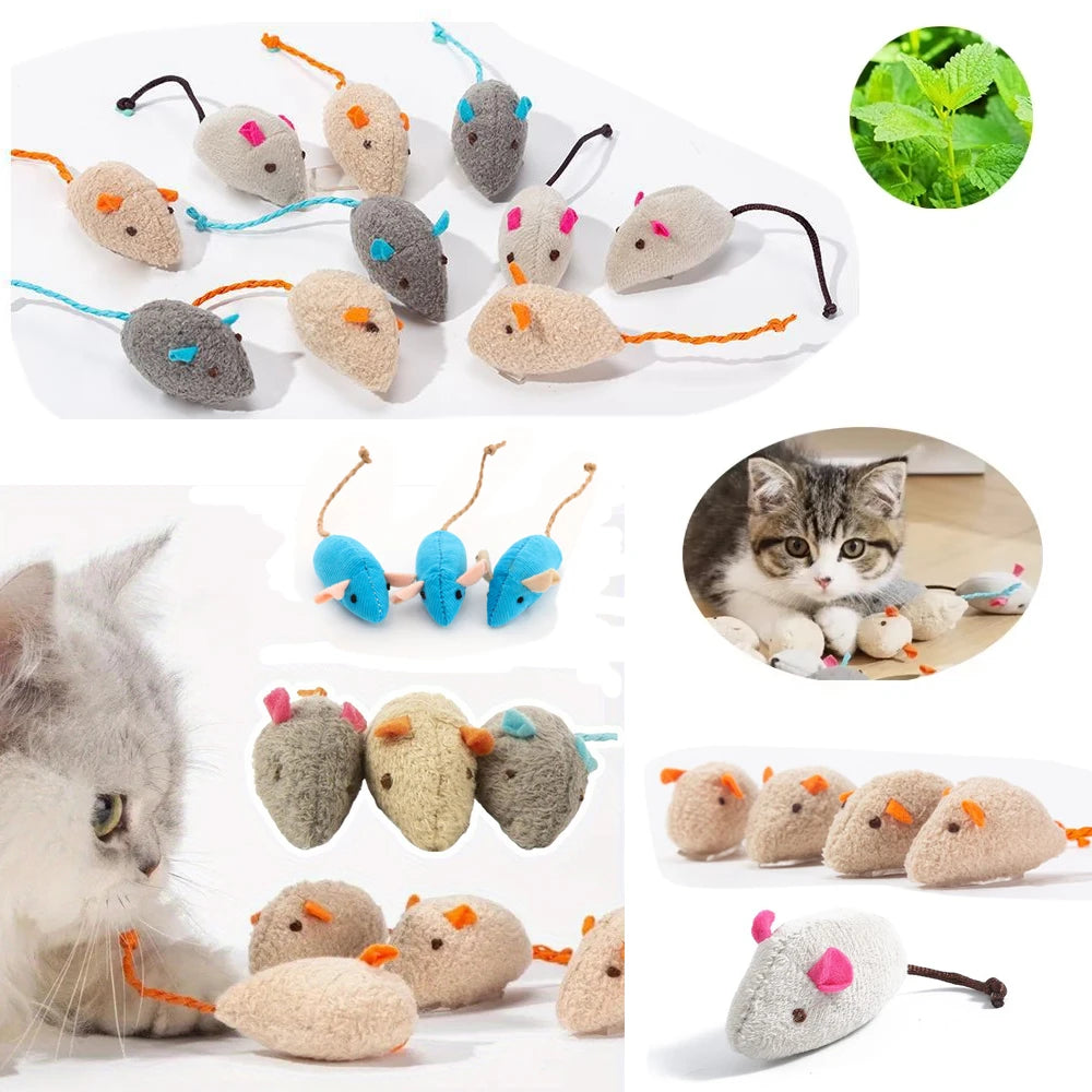 Various soft, fuzzy mice toys and rattles designed for cats