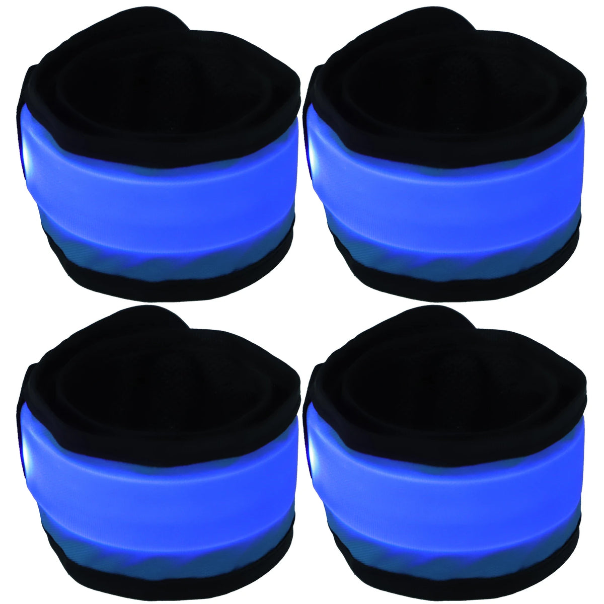 Cuatro vistas de vendas para las patas del caballo de LED negro con iluminación azul brillante.