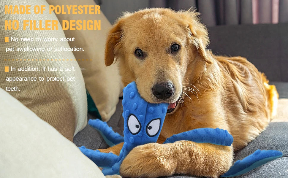 A golden retriever lies next to a blue squeaky octopus plush dog toy.