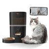 Schwarzer automatischer Futterspender für Katzen mit einer Katze, die aus einem Auslauffenster blickt.