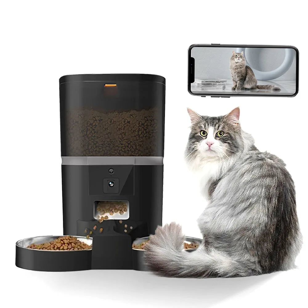 Schwarzer automatischer Futterspender für Katzen mit einer Katze, die aus einem Auslauffenster blickt.