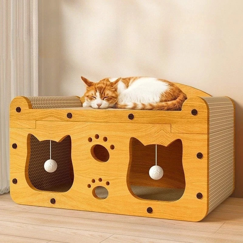 2-in-1 Cat Scratcher House with Hideout and Lounge Bed