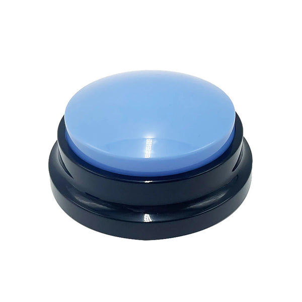 A round, light blue button with a dark blue base for custom voice recording dog training.