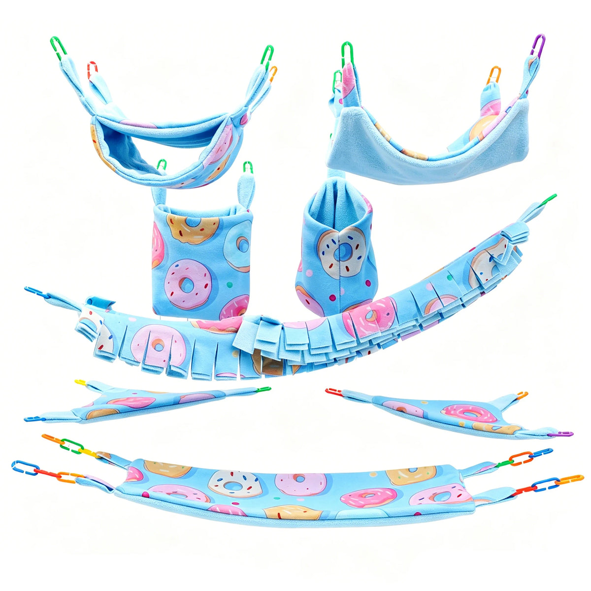 Columpio y juego multiuso para mascotas con tela azul y patrones de donut coloridos.
