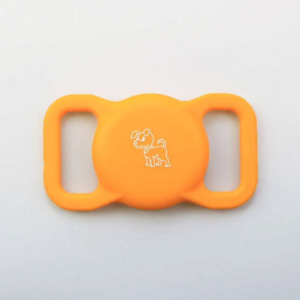 Orangefarbiger Silikonhalter mit Hunde-Silhouette-Aussparung für AirTag oder Halsband.