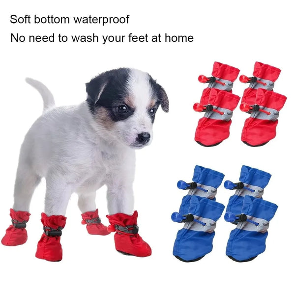 A set of red and blue soft bottom waterproof dog boots for paws, shown next to a puppy.