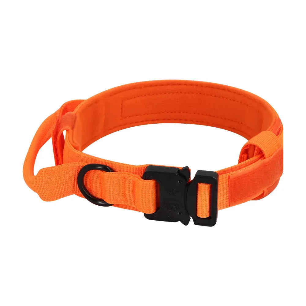 Orange tactical dog training collar and leash set with a black handle