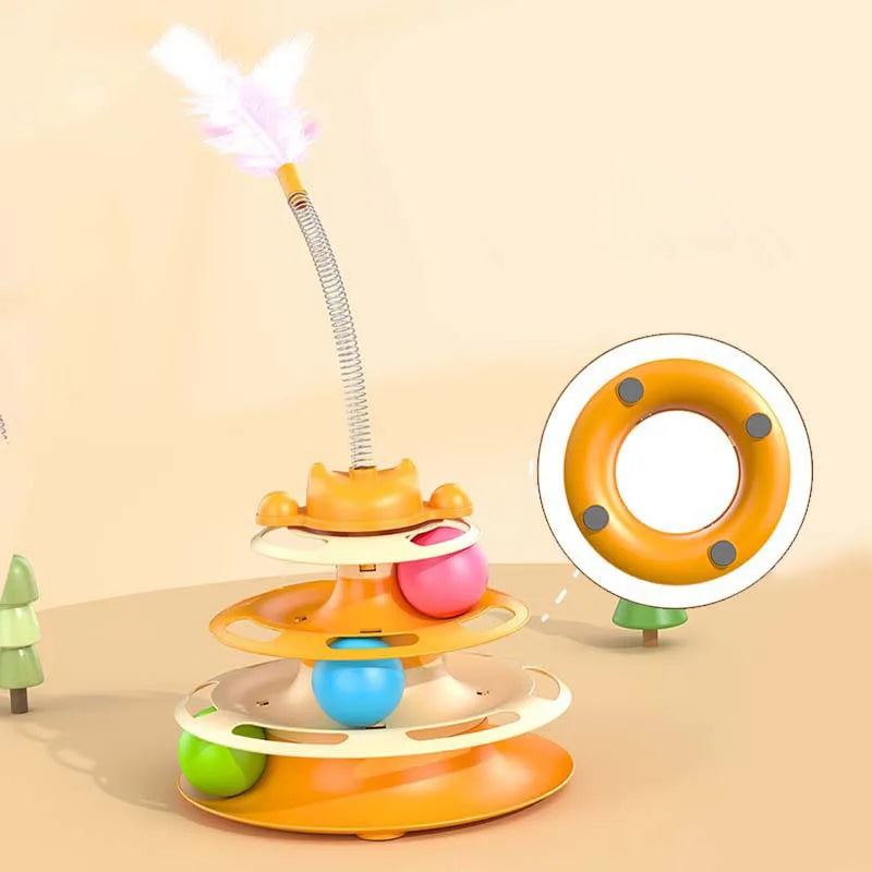 Interactive Cat Turntable Toy with Feather Wand and Rolling Ball