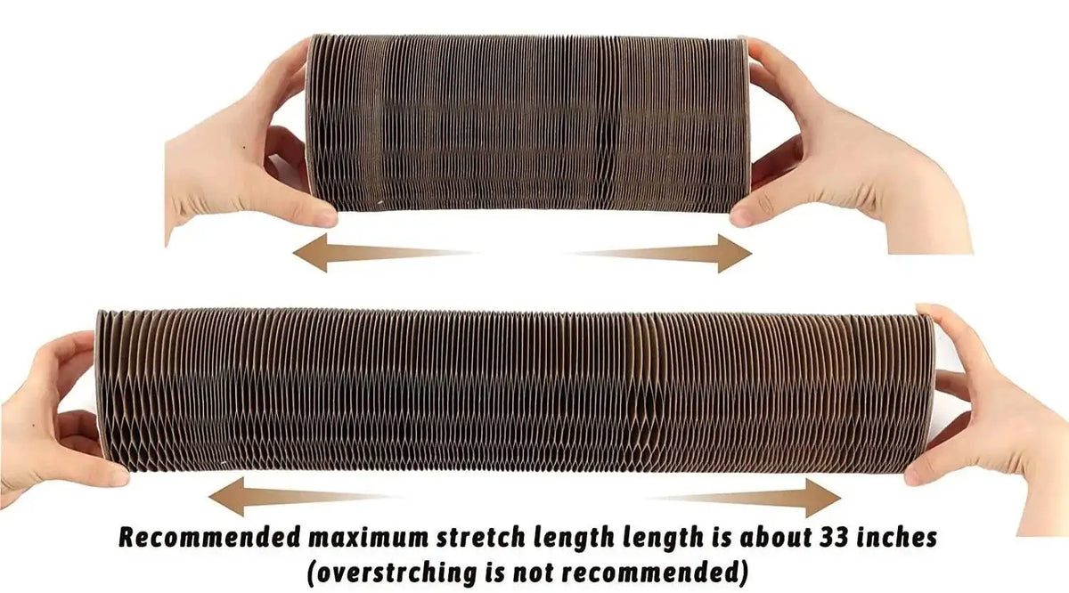 Hands hold a dark brown corrugated cat scratcher toy with a sisal surface, demonstrating its length.