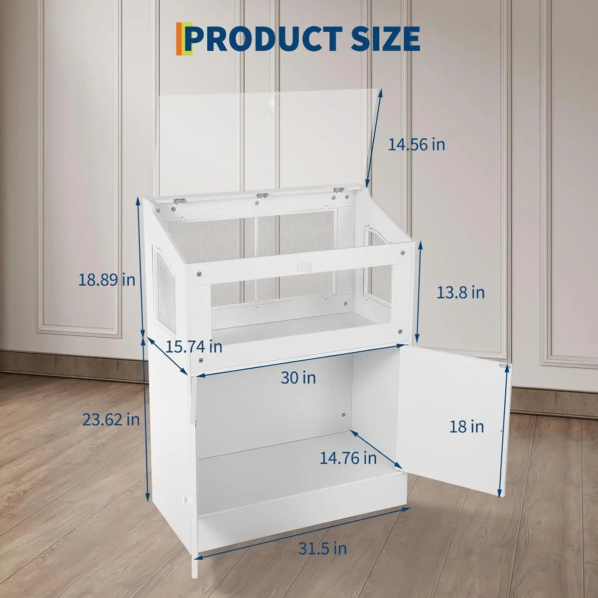 Weißes Acryl-Haustierhabitat mit Stauraumschrank, seitliche Ansicht mit Maßenangaben.