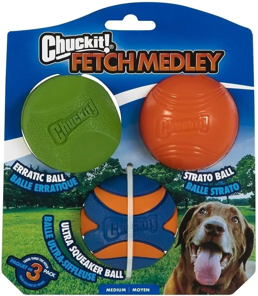 A package of Chuckit Fetch Medley squeaky balls for dogs, showing three colored balls and a dog.
