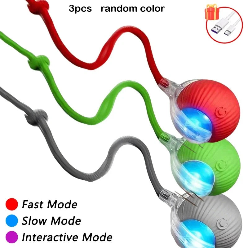 Three self-moving cat toys with LED lights in red green and gray colors